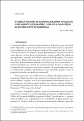A Política Nacional de Economia Solidária no ciclo de planejamento orçamentário (2004-2019) : da inserção na agenda à crise de paradigma